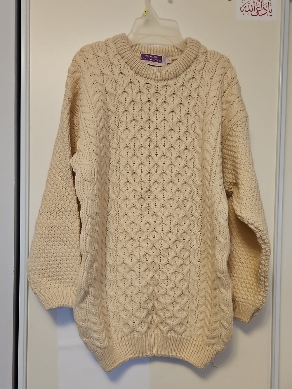 Scottish 100% wool, Cream Cable Knit Crewneck Sweater